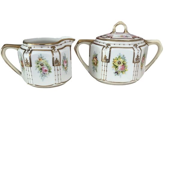 Nippon Japan Antique 24k Hand Painted Rose Pattern Sugar and Creamer Porcelain - Picture 1 of 11